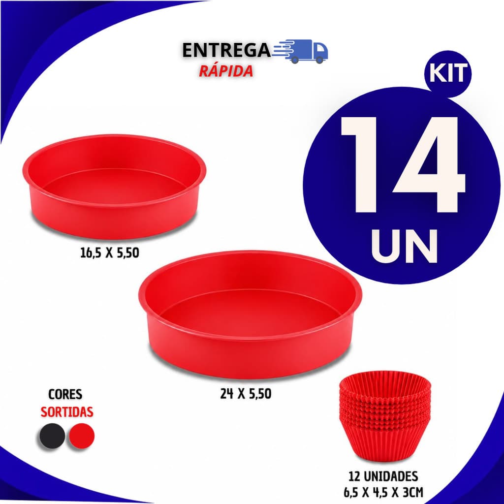 Jogo 14 Formas de Silicone -1 Forma 16,5CM,1Forma 24CM, 12 Forminhas Cupcake Forma Silicone