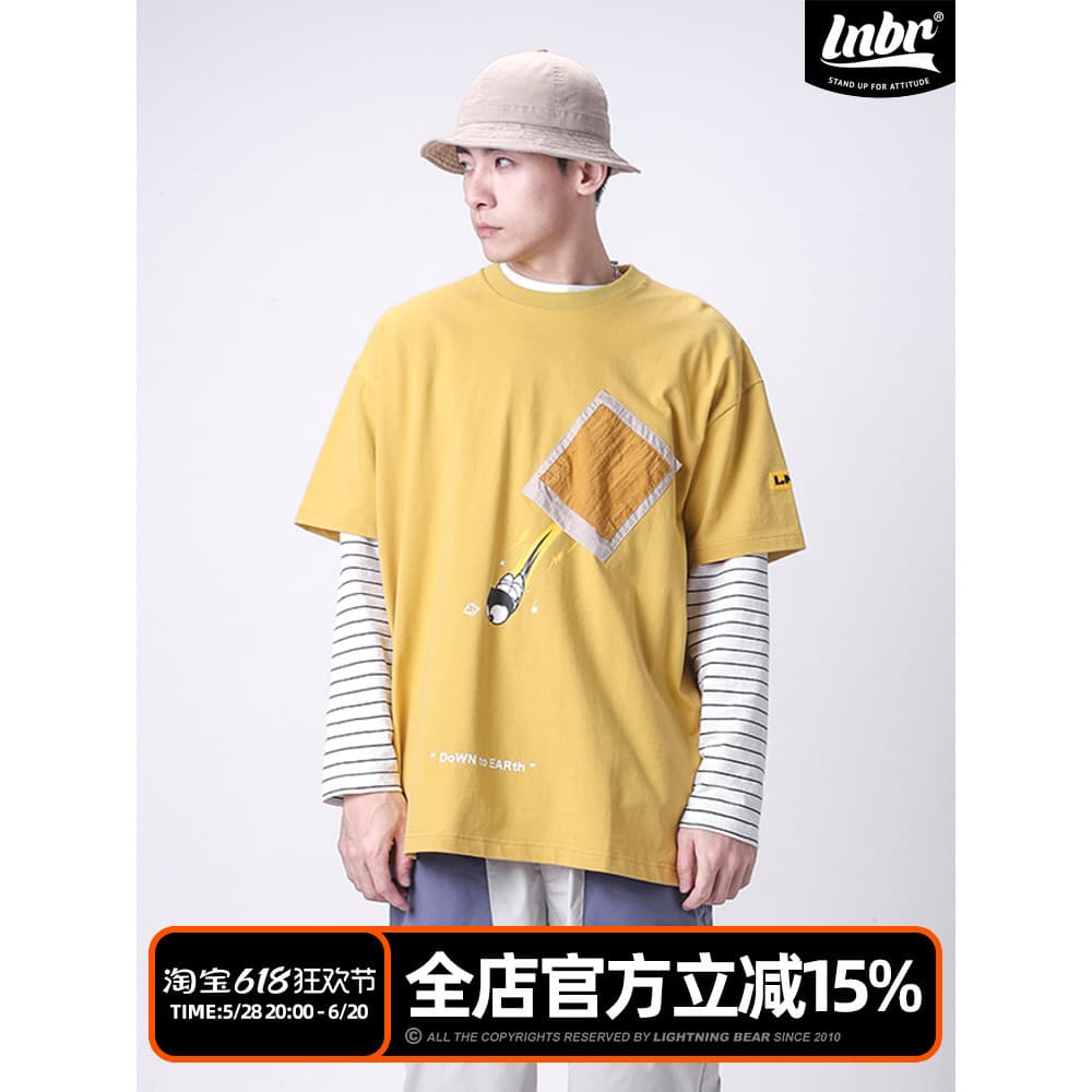 LNBR urso elétrico verão novo estilo oversize diversão urso impressão bolso de manga curta camiseta solta na moda