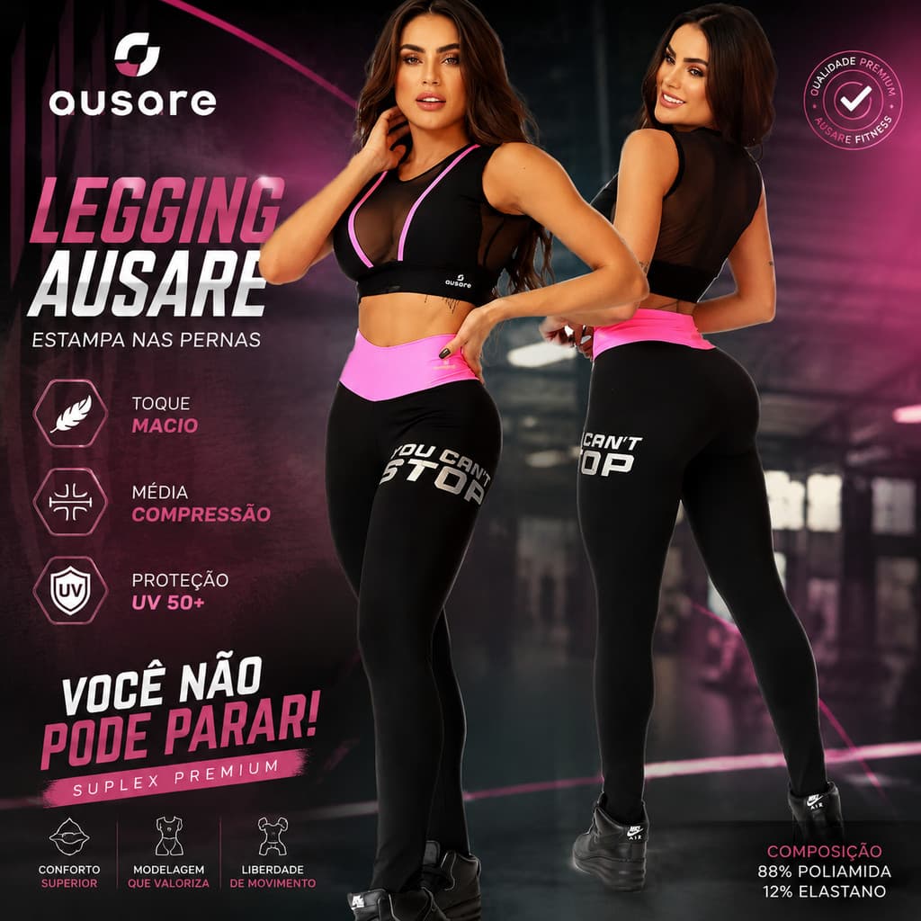 Legging Academia Ausare Feminina Estampa Nas Pernas Cós Alto Fitness Treino Musculação Conforto Cal0157 Esportiva