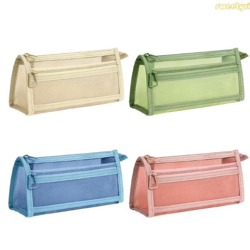 Estojo Transparente Para Lápis, Bolsa Caneta, Camada Dupla, Malha