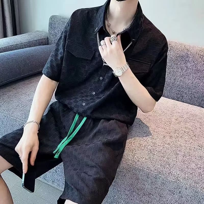 Verão Casual esportes terno masculino Street wear rufião bonito estilista de cabelo na moda camisa de manga curta roupas