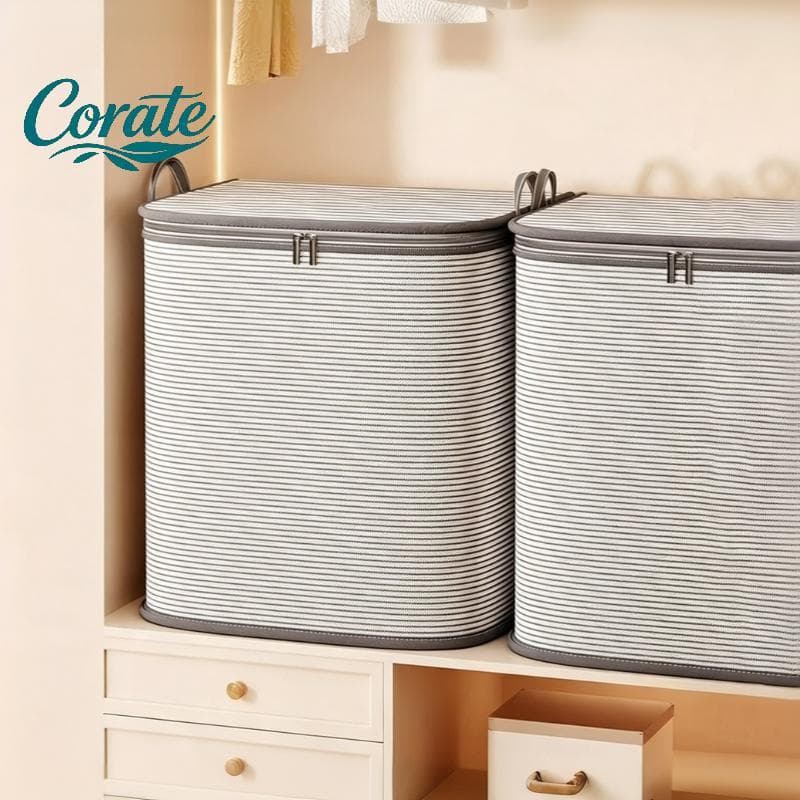 [Corate] Bolsa De Armazenamento De Grande Capacidade Listrada Cinza Com Zíper Dobrável À Prova De Poeira Para Organizaçã