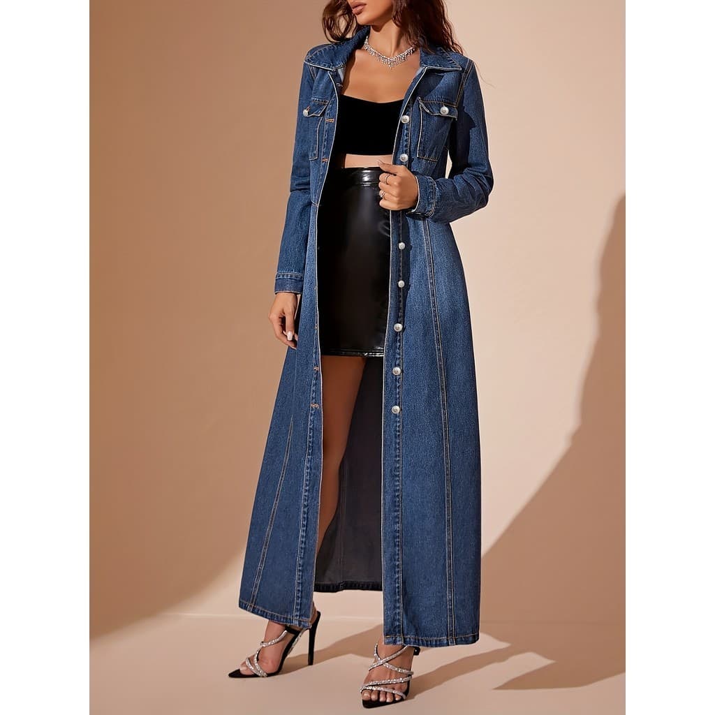 Jaqueta jeans longa feminina retrô de cintura estreita, lapela de manga comprida, casaco jeans Slim Fit estilo saia long