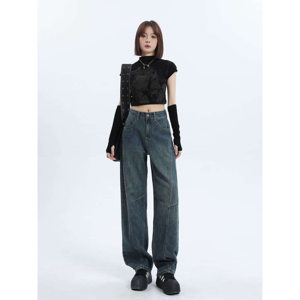 Vfvk Jeans de perna larga feminino primavera 2026 novo estilo calças pequenas soltas calças de Banana cintura alta calça