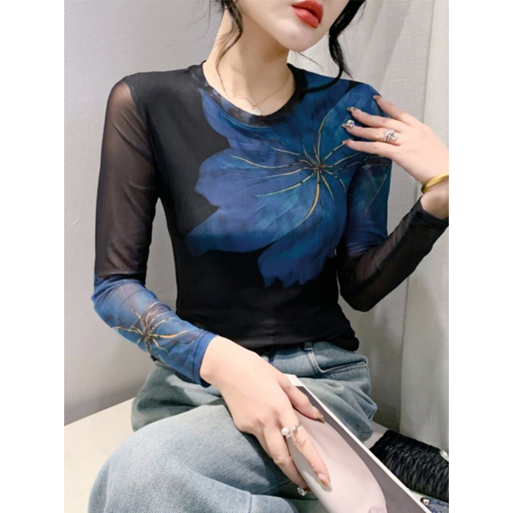 Europeu Retro em torno do pescoço de manga comprida camisa de fundo primavera outono gaze impressa moda torre interna to