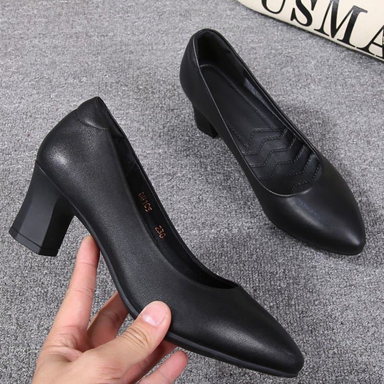 Sapatos de couro preto com sola macia, trabalho profissional, confortável, salto médio, salto alto, salto grosso, longo,