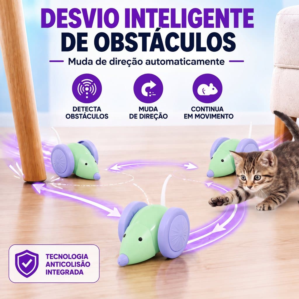 Brinquedo Interativo para Gatos Rato Automático Inteligente com Desvio de Obstáculos