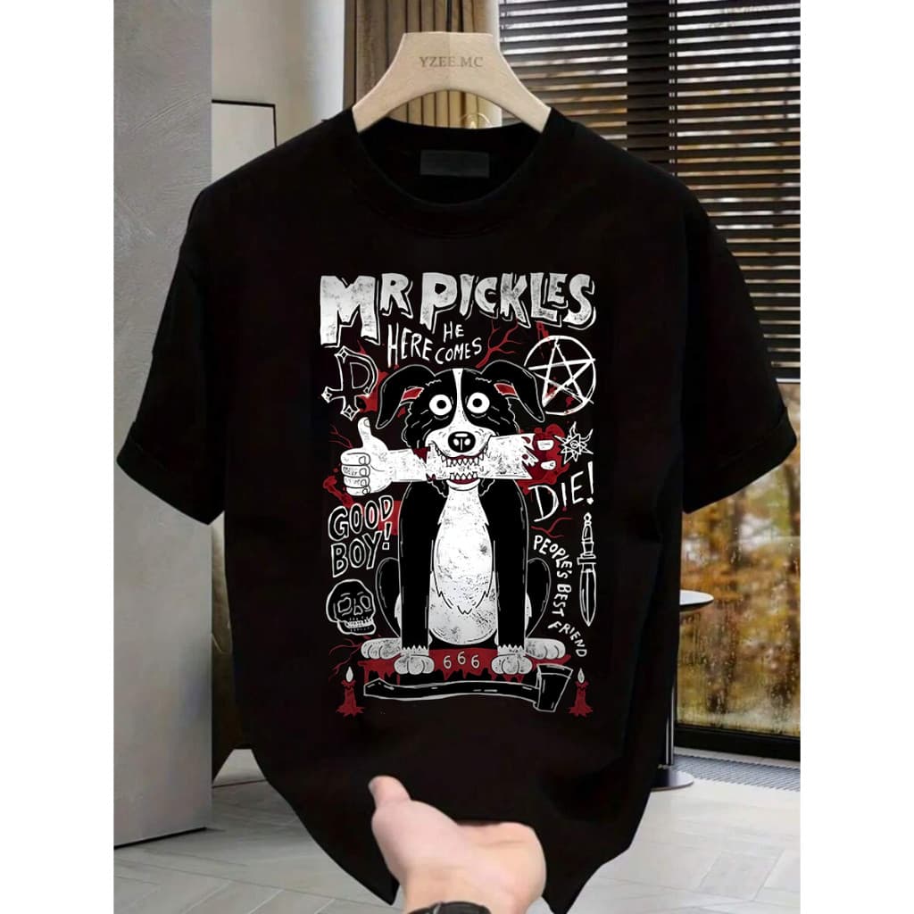 Camiseta Masculina Unissex Mr Pickles Série Animada Oversized Algodão Puro Moda Casual Streetwear com estampa de cachorr