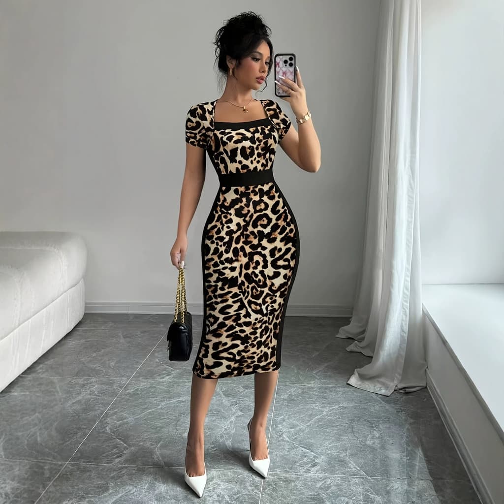 Pronto estoque Transporte rápido leopardo impressão pescoço quadrado vestido feminino manga curta contraste costura cint