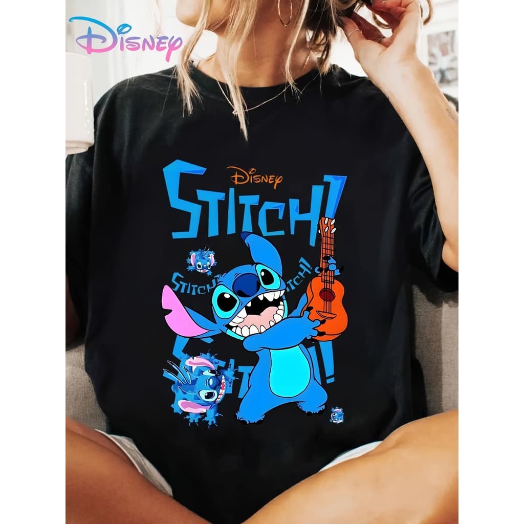 BR.Moonlight Camiseta Feminina Stitch Lilo Ukulele Notas Musicais Divertida Unissex Oversized 100% Algodão