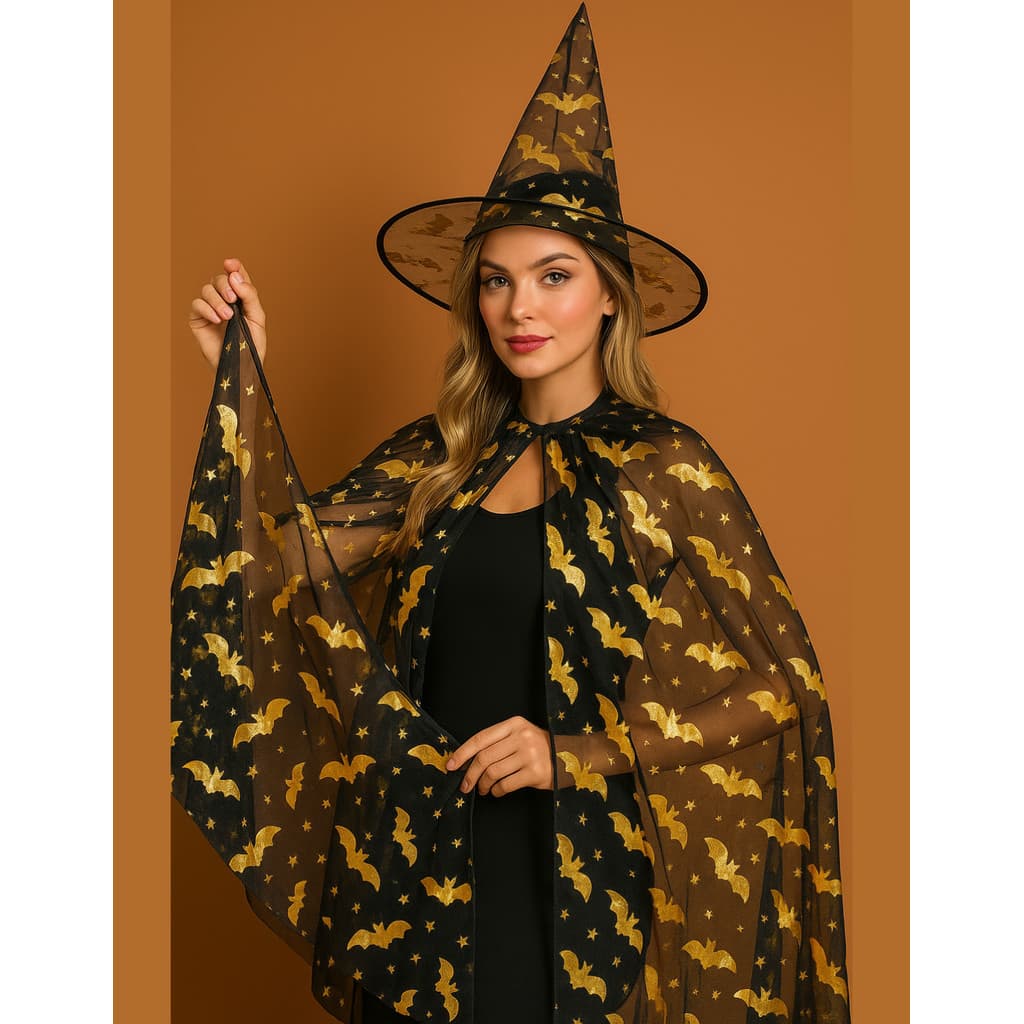 Capa Brilha & Chapéu Bruxa Estampado – Fantasia Halloween 140cm