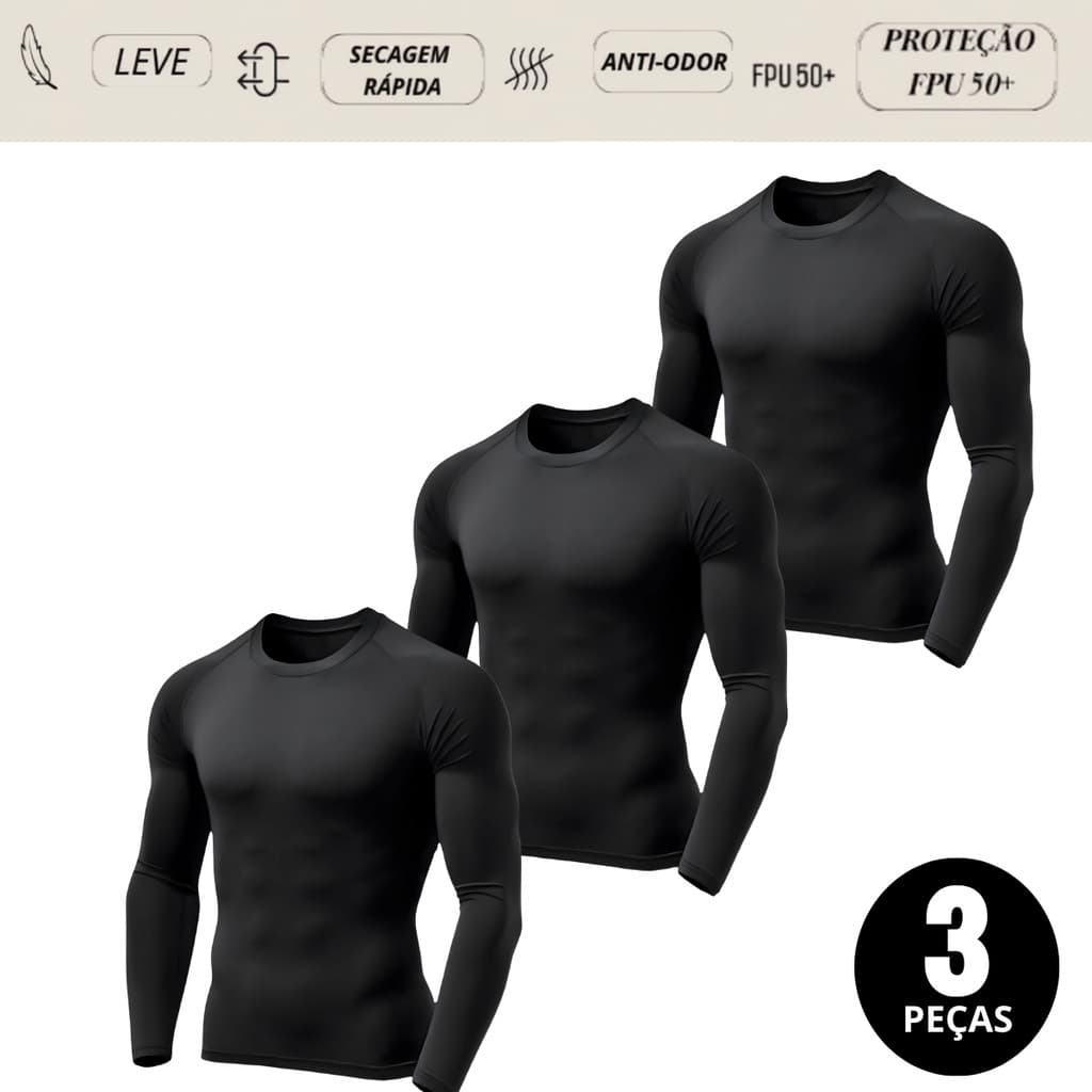 Kit 03 Camisetas Térmicas Proteção UV Masculina Segunda Pele Compressão Blusa Treino Corrida Praia
