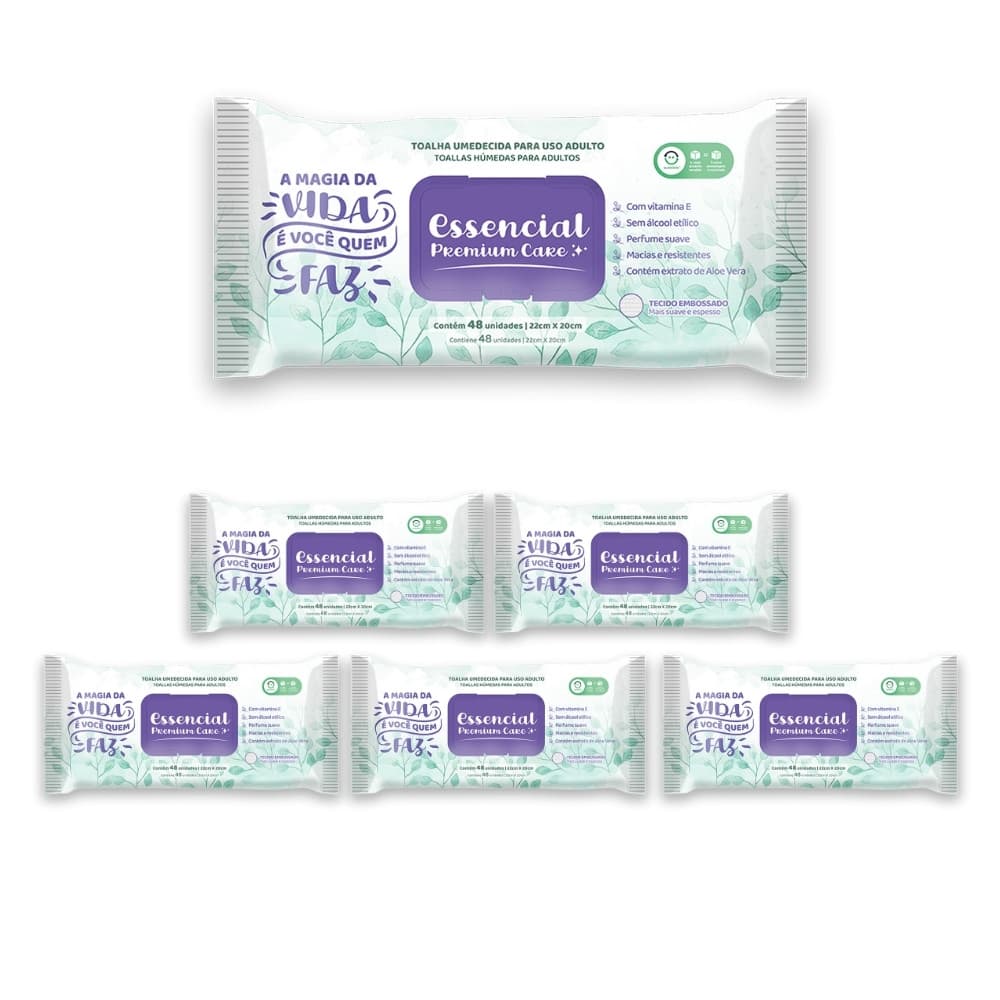Kit 6 Toalhas Umedecidas Essencial Care Adulto 48 Folhas Cada