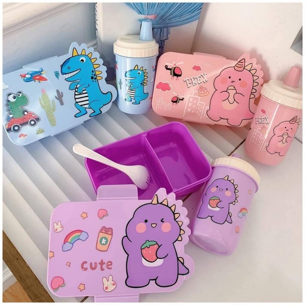 Kit Lancheira Marmita Infantil DANTAS Dinossauro Talher Copo Criança Escola Lanche Pote Térmica Menino