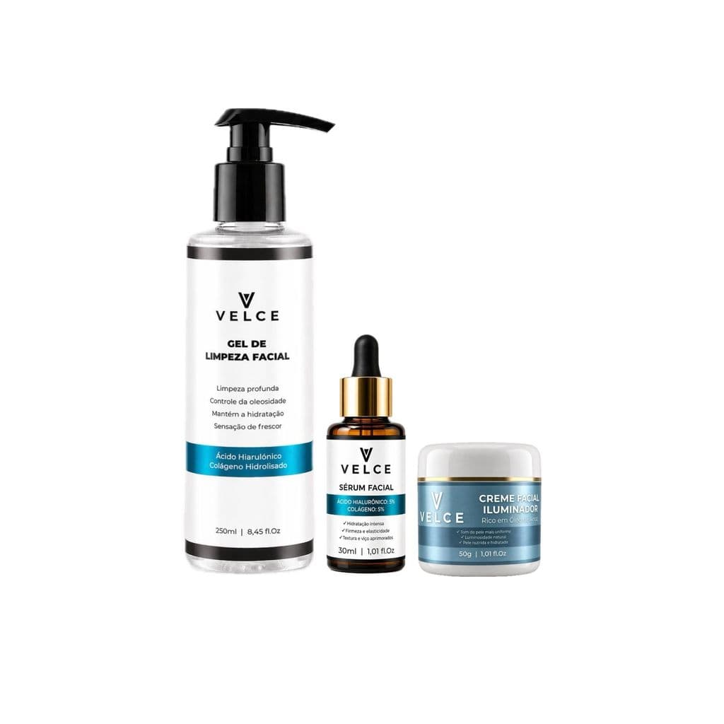 Kit Hidratação e Luminosidade Velce Gel de Limpeza Facial + Sérum Ácido Hialurônico 5% e Colágeno 5% + Creme Iluminador