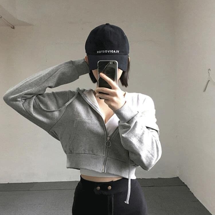 Primavera outono novo estilo Cardigan curto topo com capuz moletom feminino estilo fino cor sólida estudante zíper peque