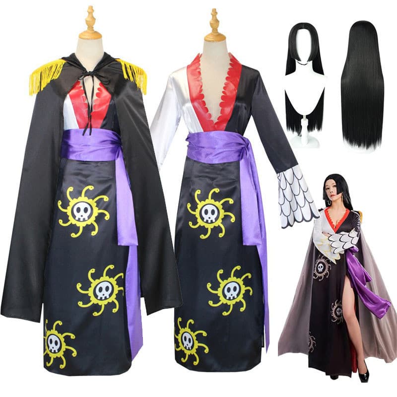 Fantasia de Cosplay da Boa Hancock com Capa e Brincos, Vestido Cheongsam Preto da Nami, Peruca, Carnaval de Halloween