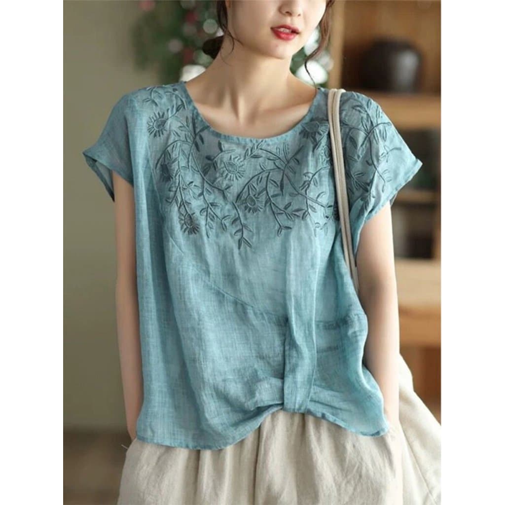 Zimo Qinghe ~ Camisa feminina plissada literária de cintura alta bordada de manga curta camiseta pequena Top verão