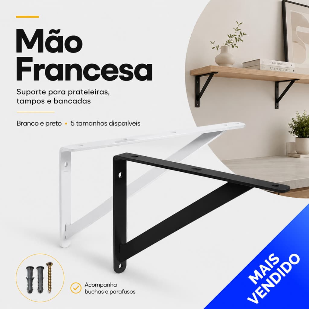 Mão Francesa 19cm 23cm 29cm 38cm Suporte De Prateleira Tampo De Mesa E Bancada - Branca e Preta