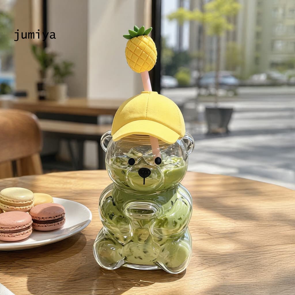 Conjunto De Cabeças De Palha De Desenho Animado JY Copo Com Canudinho De Urso , Garrafa De Água De Vidro Versátil Tampa