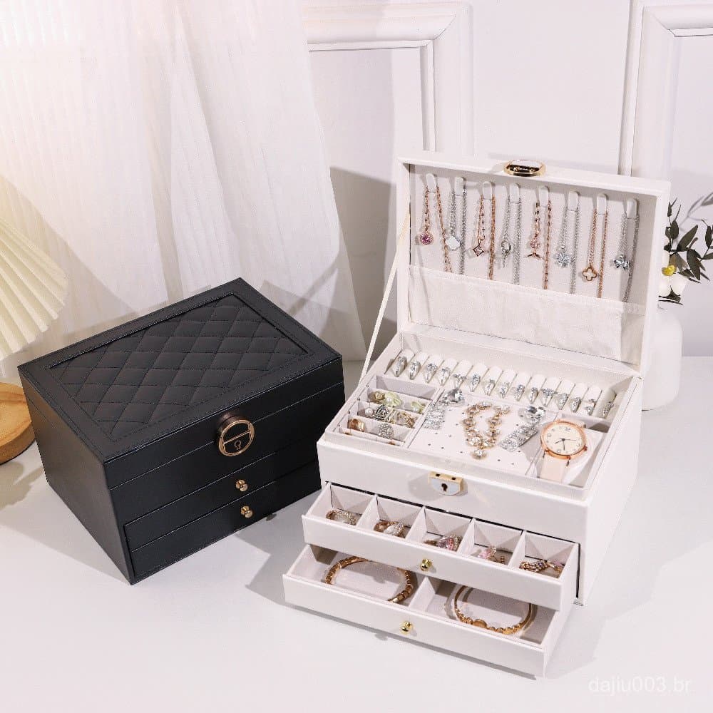 ⭐ ⭐ Caixa de joias multifuncional de grande capacidade com padrão de diamante, caixa de armazenamento para colares e ané