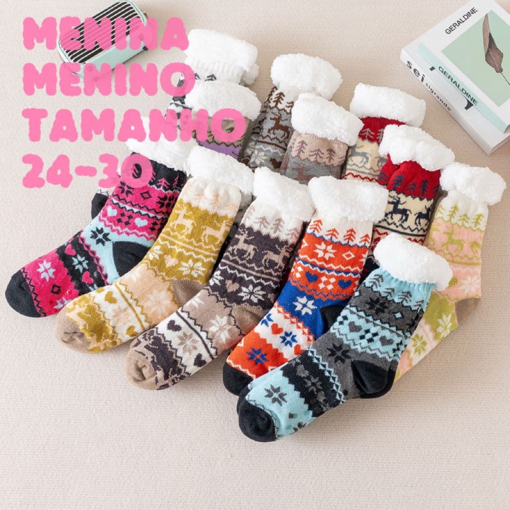 KIT2,1 Meias térmicas grossas infantis de lã de corte alto para se aquecer no inverno 3-16ANOS Tamanho 24-30