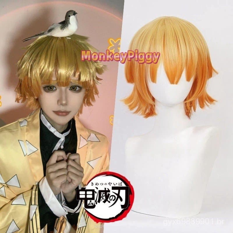 Peruca de Alta Qualidade do Zenitsu Agatsuma, Anime Kimetsu no Yaiba, Perucas para Cosplay, Festa de Carnaval