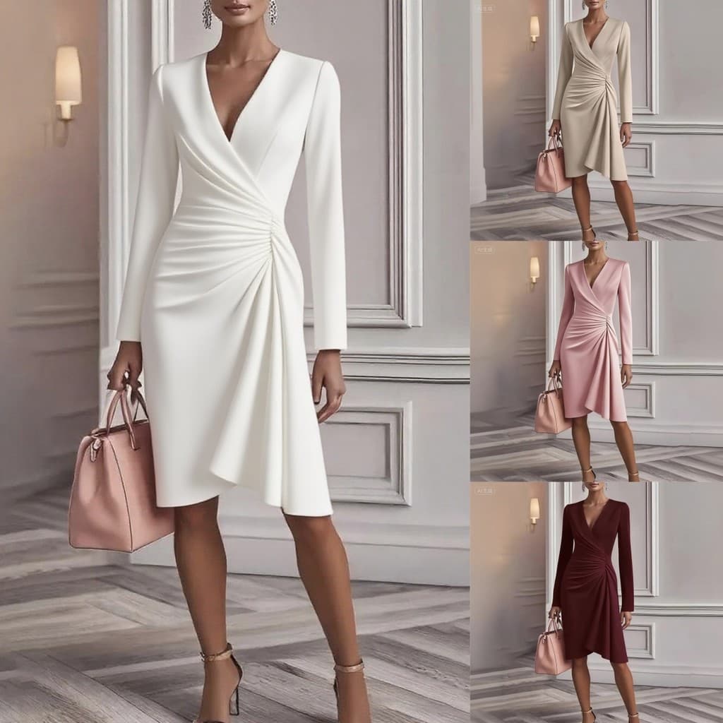 Moda Feminina Cruz Com Decote Em V Cintura Apertada Cor Sólida Vestido De Manga Comprida