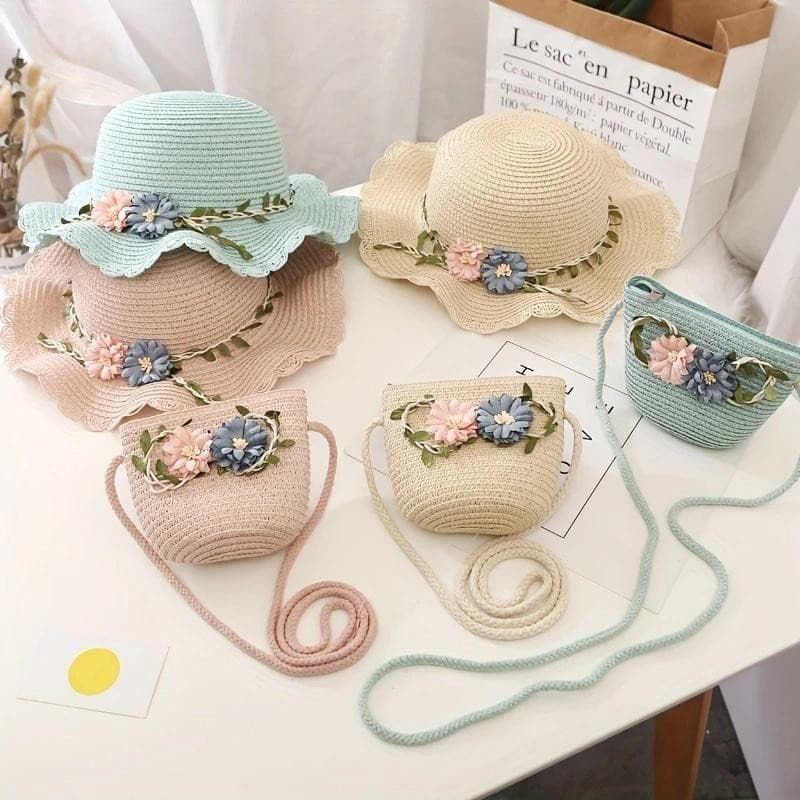 Decorador Crianças Chapéu De Palha + Bolsa De Ombro Sacolas Verão Menina Bebê 2 Pçs Um Conjunto Bonito Floral Sol Balde