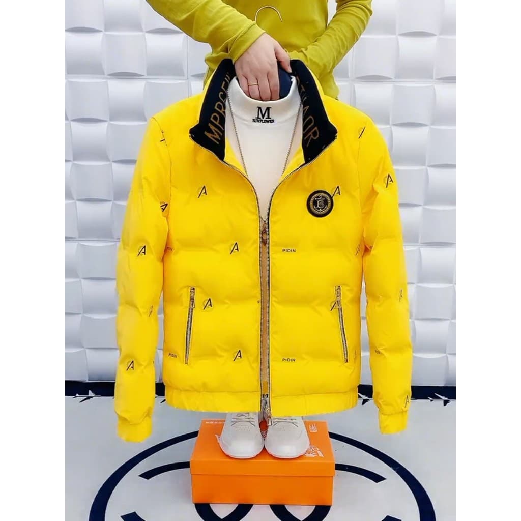 Jaqueta acolchoada masculina de inverno, curta, leve, moderna, letras brilhantes, roupa de rua, Slim fit, amarelo, inver