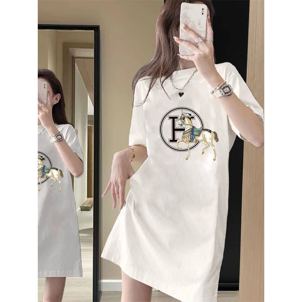 Street Wear versão coreana saia longa capa bunda topo em torno do pescoço de comprimento médio manga curta camiseta femi
