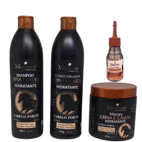 Kit Crina e Cauda Maycrene (Shampoo + Condicionador + Máscara e Reparador 30ml) a Pronta Entrega