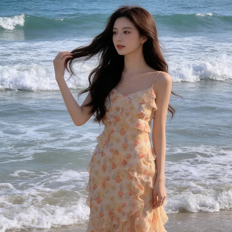 Francês laranja Floral estilingue vestido verão 2026 novo estilo fungo borda cintura estreita mais magro olhar fenda bab