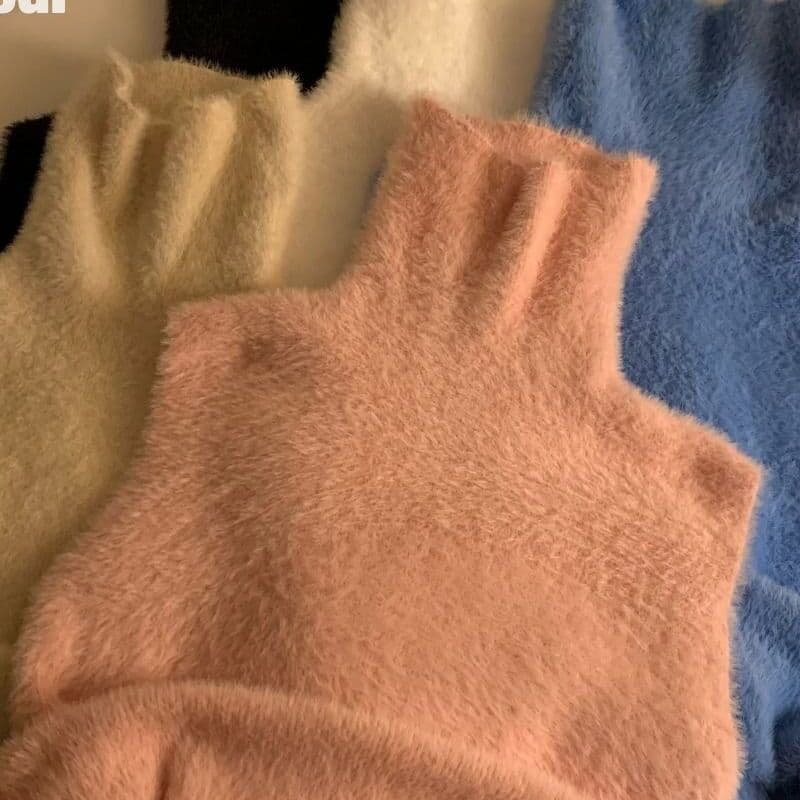 Imitação de lã de vison quente gola alta sem mangas colete estilingue feminino outono inverno puro desejo estilo quente