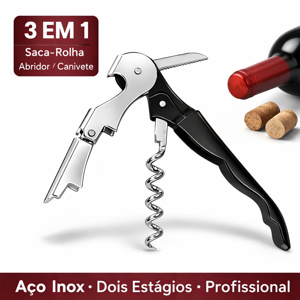 Abridor de Vinhos Saca Rolhas Aço Inox Garrafa Lata 3 em 1 Resistente SQ