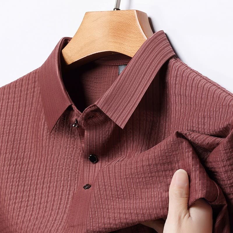 Camiseta masculina vinho vermelho de manga curta primavera novo estilo pai de meia-idade usar lapela gelo seda Benming a