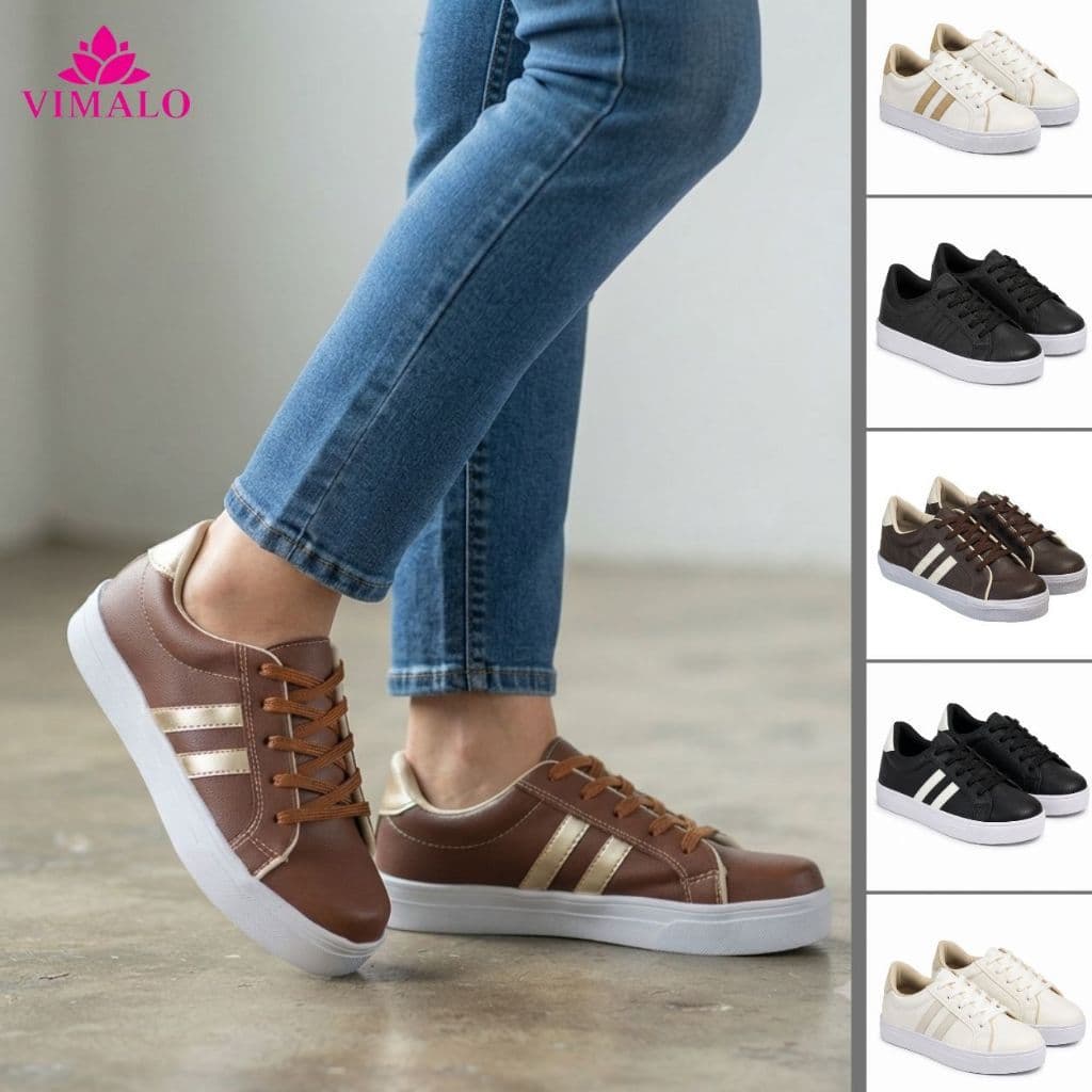 Tênis Feminino Casual Vimalo Preto, Branco, Offwhite, Caramelo, Marrom/Ouro