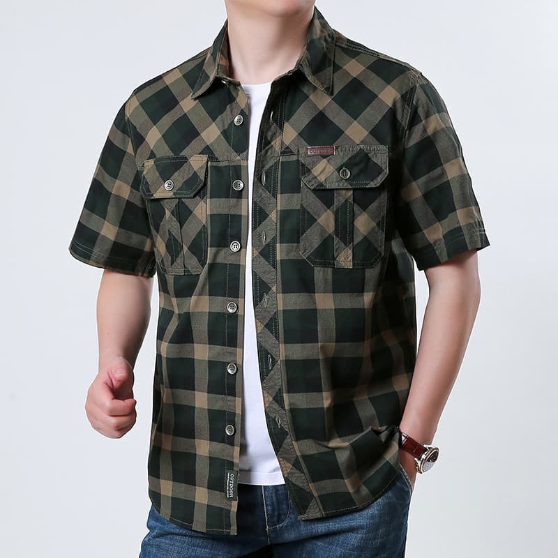 Camisa xadrez retrô masculina 2026 verão lapela manga curta algodão puro solto tamanho grande bolso duplo camisa Casual