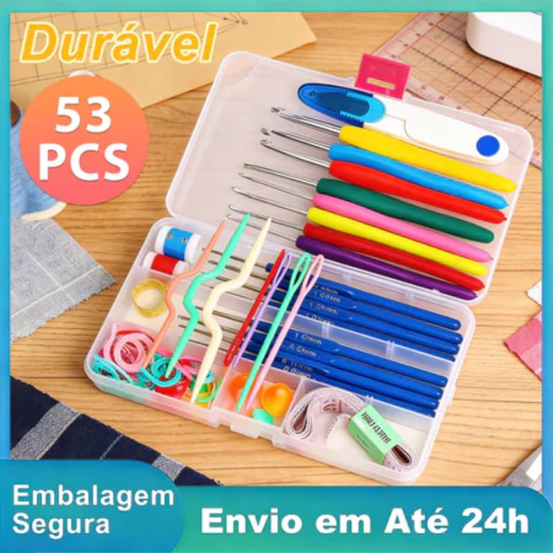 Kit Croche Completo 53 Pecas Para Amigurumi Agulhas Cabo Soft Tesoura Acessorios Marcadores Estojo