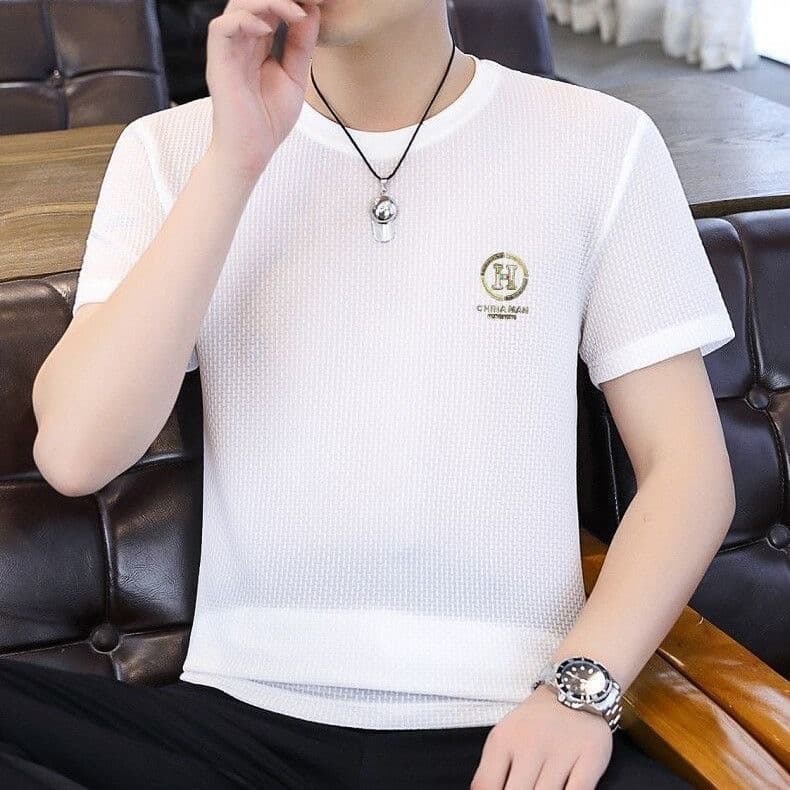 Camiseta de manga curta masculina 2026 novo estilo estiramento solto sensação legal bambu camiseta estilo fino seda gelo