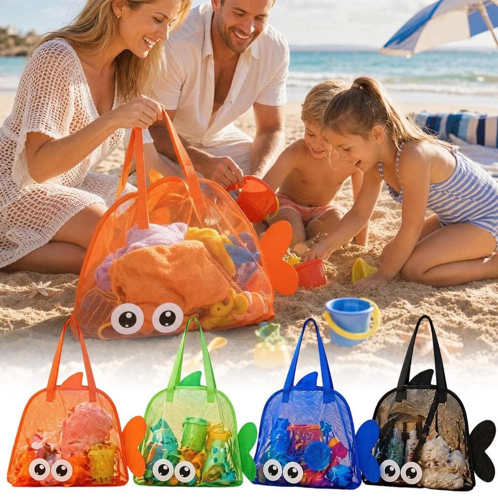 Bolsa De Praia Estilo Peixe De Malha Respirável-Organizador De Brinquedos De Areia Grande Dobrável-Infantil De Desenho A