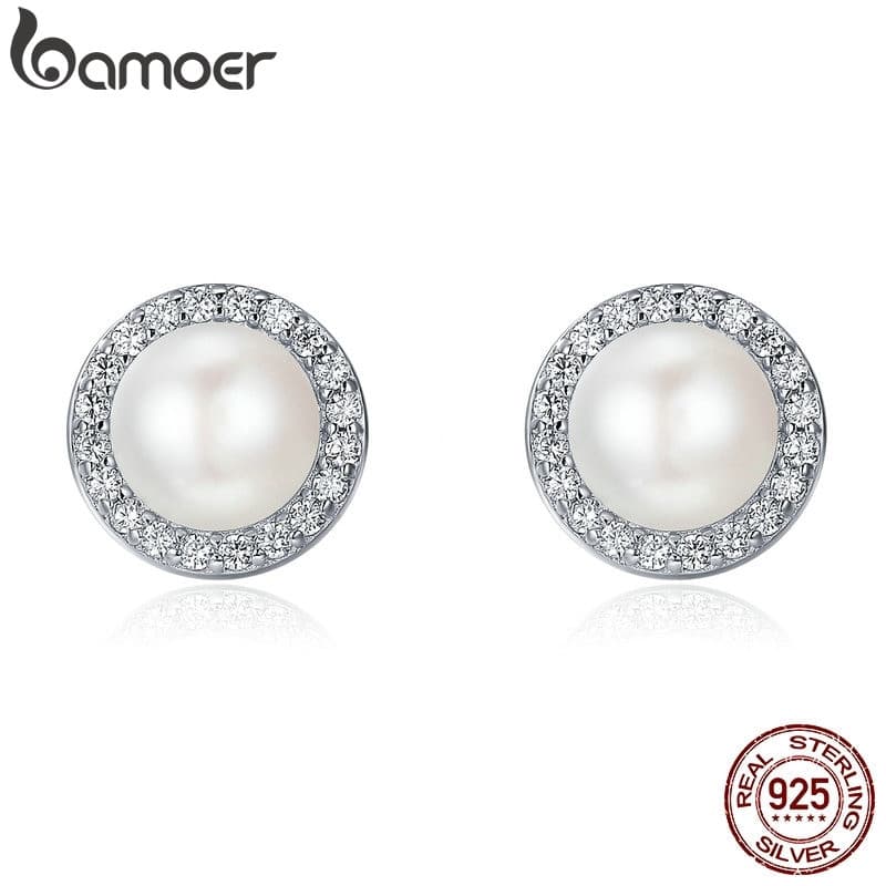 Brincos Clássicos Redondos de Prata Esterlina 925 com Pérolas de Água Doce e Zircônia Cúbica da Bamoer, Joias Femininas