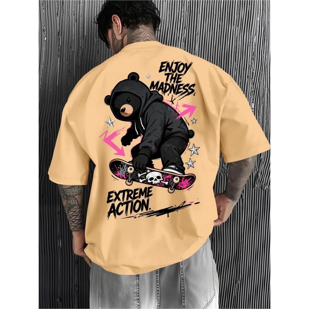 Camiseta Masculina Streetwear Algodão Penteado Infantil Adulto Plus Size Estampa Extrem Action Urso Skate Over Estilo