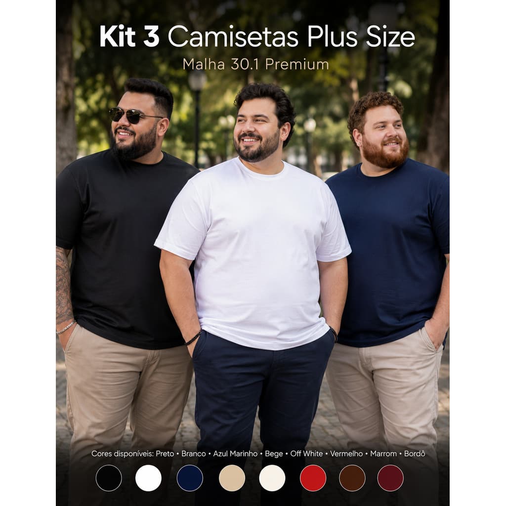Kit 3 Camisetas Camisa Plus Size Masculina Basica Algodao Lisa Extra Confortavel Grande G1 G2 G3