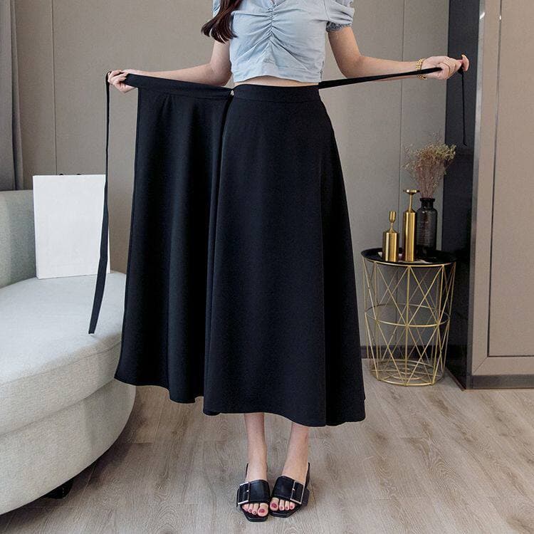 Primavera verão cor sólida novo estilo preto rendas de uma peça de comprimento médio a linha saia dividida Drape feminin