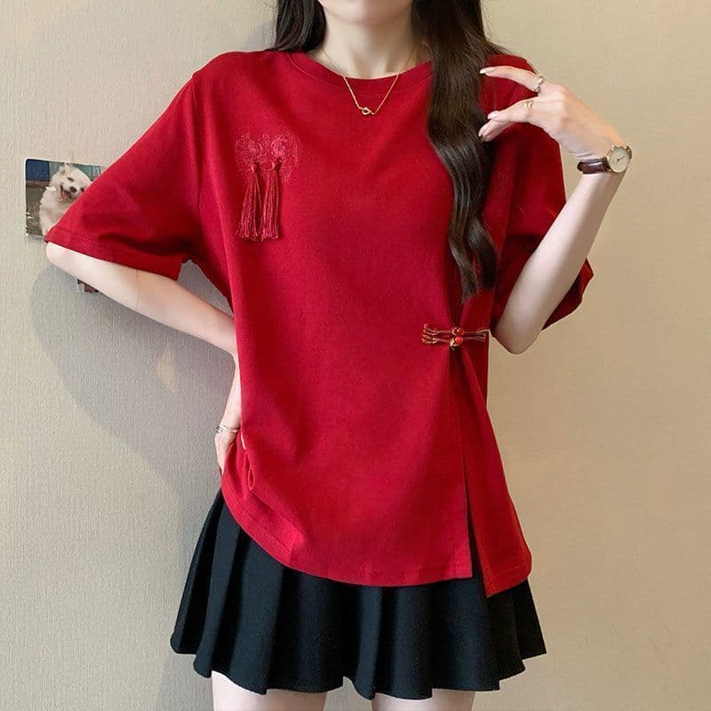 Novo estilo chinês borla fivela de manga curta camiseta feminina 2024 verão novo estilo solto mais magro olhar tamanho g