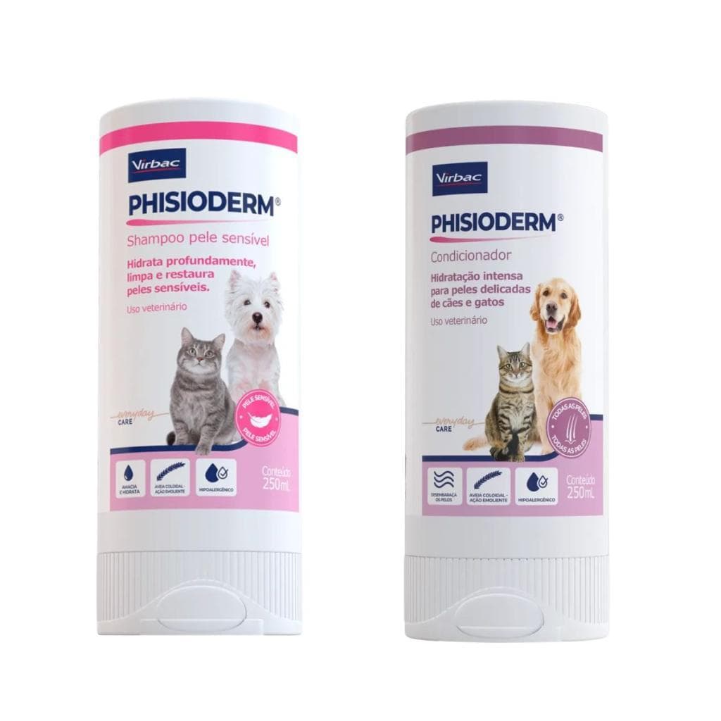 Kit Phisioderm Pele Sensível Shampoo Condicionador Cães e Gatos 250ml Virbac