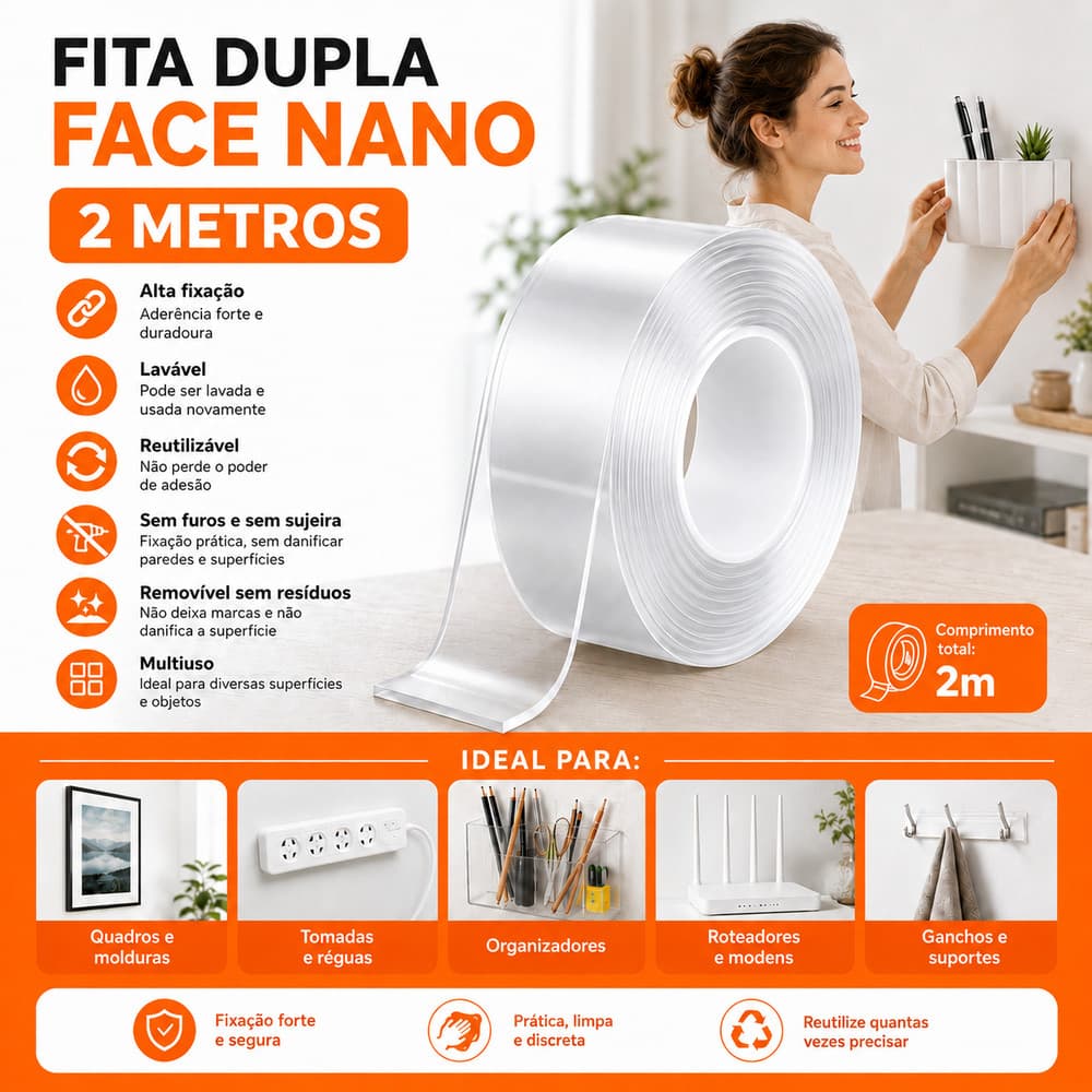 Fita Nano Mágica Dupla Face 2m Lavável Cola Tudo