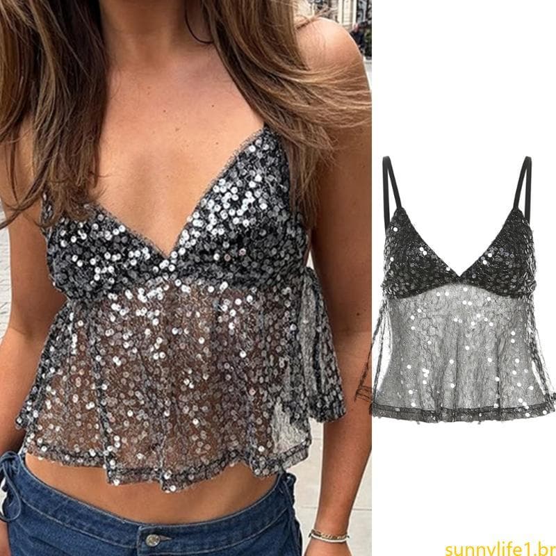 sun Regata Feminina Malha Lantejoulas Mangas Decote V Cami Crop Raves Outfits