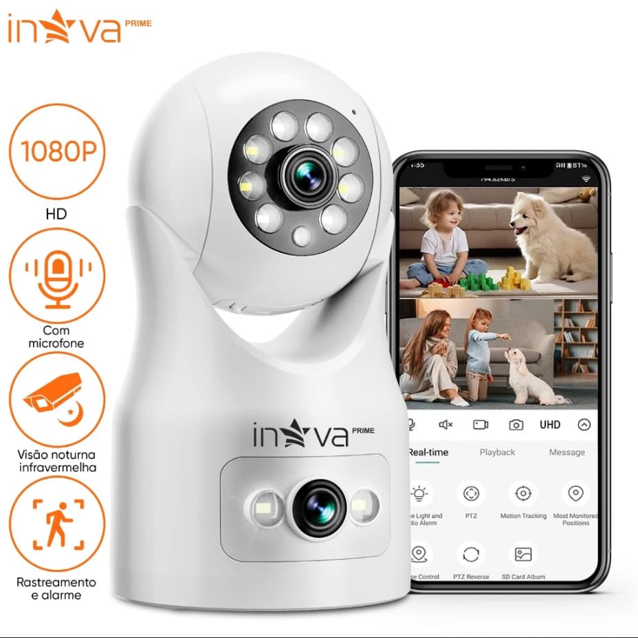 INOVA câmera Dupla wifi visão noturna full HD 360º microfone áudio babá eletrônica robozinho sem fio